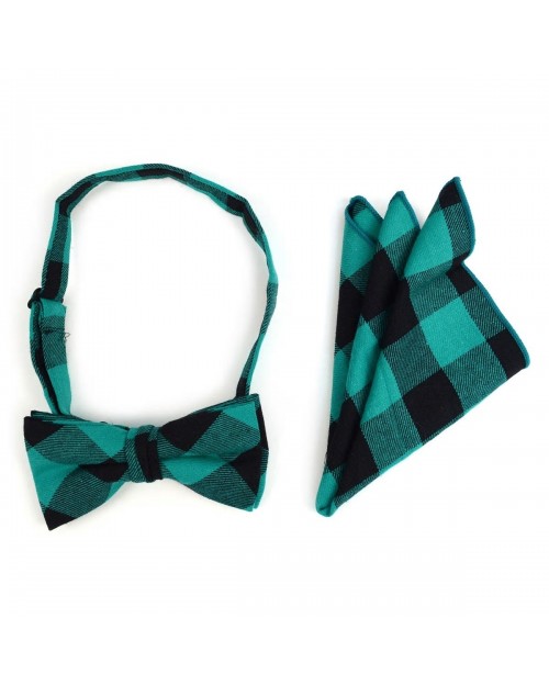 GREEN PLAID COTTON BOW TIE & MATCHING POCKET SQUARE