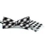 BLACK & WHITE PLAID COTTON BOW TIE & MATCHING POCKET SQUARE