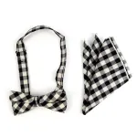 BLACK & WHITE PLAID COTTON BOW TIE & MATCHING POCKET SQUARE