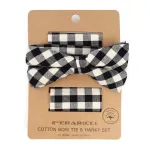 BLACK & WHITE PLAID COTTON BOW TIE & MATCHING POCKET SQUARE