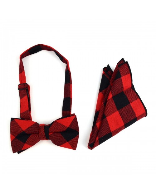 RED PLAID COTTON BOW TIE & MATCHING POCKET SQUARE